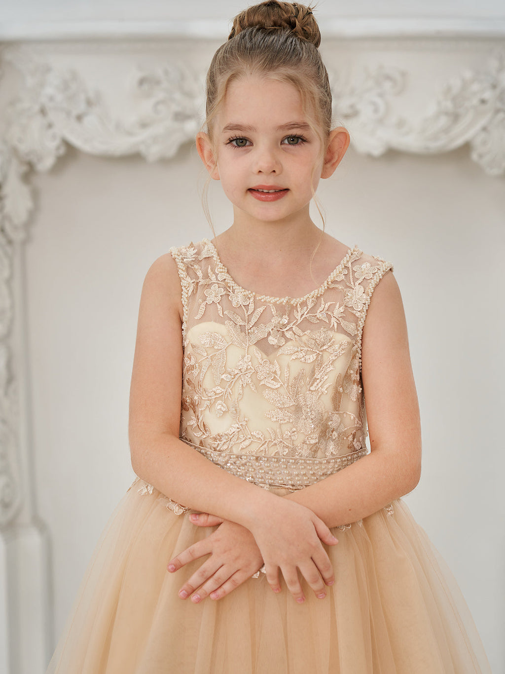 Vestido de princesa/vestido de princesa con cola de tul y vestido de niña de las flores color champán 
