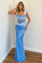 Impresionante vestido largo de sirena de tul con tirantes de lentejuelas para baile de graduación