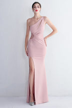 One Shoulder Black Long Prom Dress with Split Front
