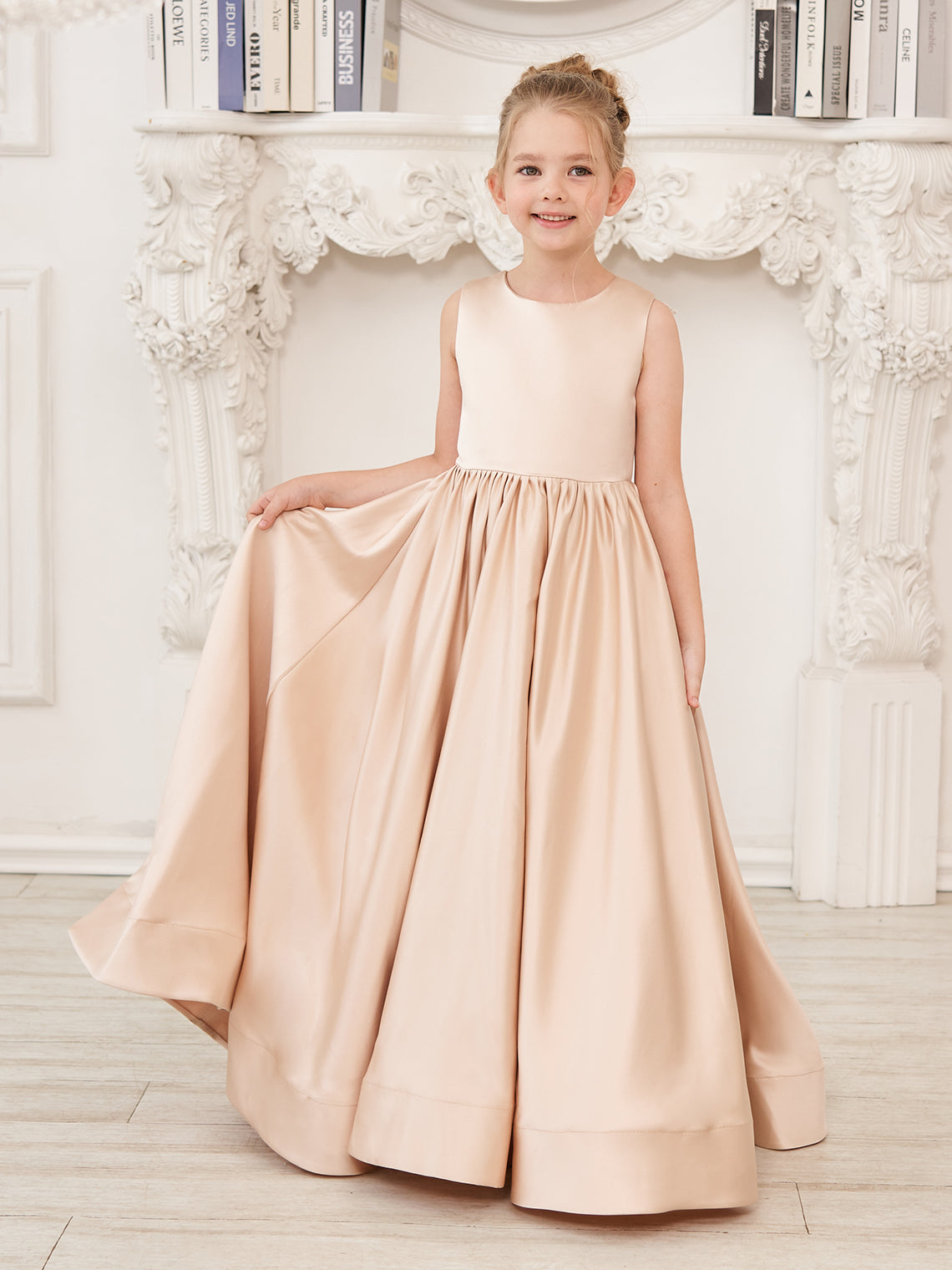 Vestido de niña de las flores de corte A, de satén y encaje, hasta el suelo 