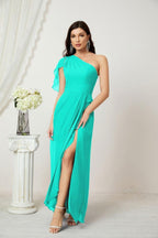 Baoleely  Chiffon Ruffled One Shoulder Long Bridesmaid Dresses A-line Formal Evening Gown Side Split 2809