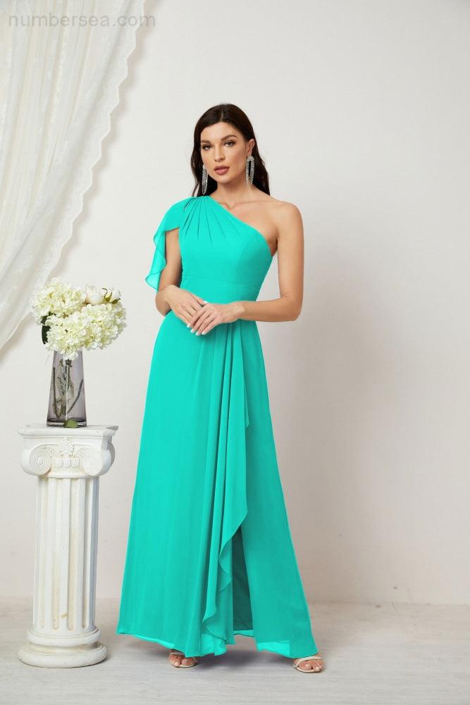 Baoleely  Chiffon Ruffled One Shoulder Long Bridesmaid Dresses A-line Formal Evening Gown Side Split 2809