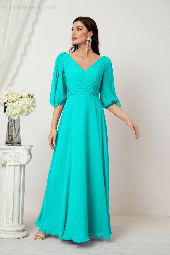 Baoleely  Formal Prom Gown Women V-Neck Chiffon Bridesmaid Dresses Long Bishop Sleeve Party Dress 2807