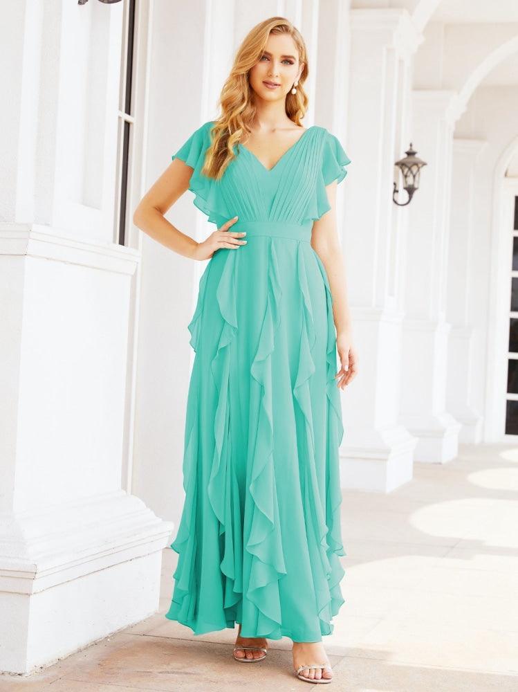 Ruffled Bridesmaid Dresses with Sleeves Long Formal Party Dress 28041