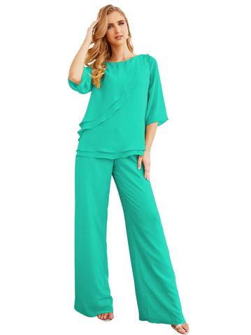 Elegante conjunto de pantalón y bata plateada de dos piezas para la madre de la novia, talla grande, con volantes, Sunderly Elegant SY28064