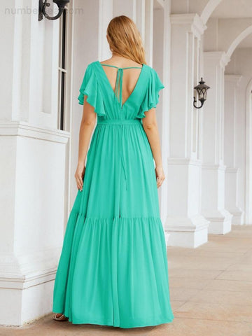 Vestido de fiesta formal de noche con espalda descubierta para mujer Baoleely, escote en V, largo, de gasa, con cinturón a la cintura 28038