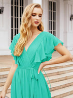 Baoleely Women's Open Back Formal Evening Party Prom Gowns V-Neck Long Chiffon Bridesmaid Dresses with Waist Belt 28038