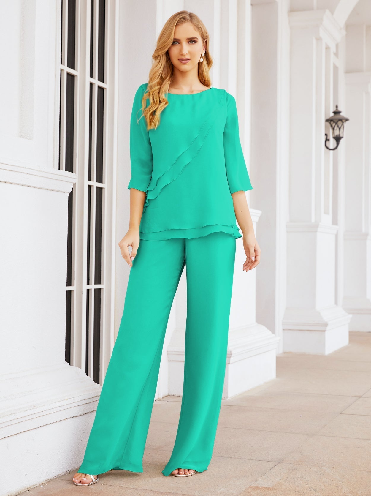 Baoleely Élégante robe mère de la mariée 2 pièces, grande taille, pantalon, volants, couches argentées, peignoir 28064