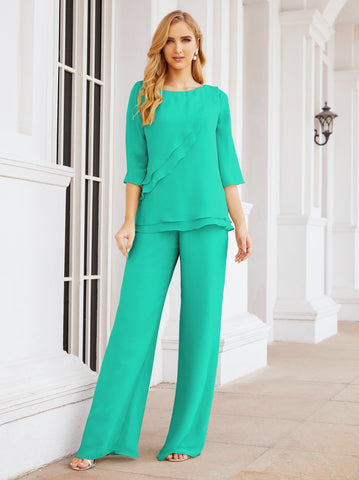 Elegante conjunto de pantalón y bata plateada de dos piezas para la madre de la novia, talla grande, con volantes, Sunderly Elegant SY28064