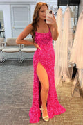 Robe de bal longue rose fuchsia sexy à paillettes et sequins sirène, dos nu