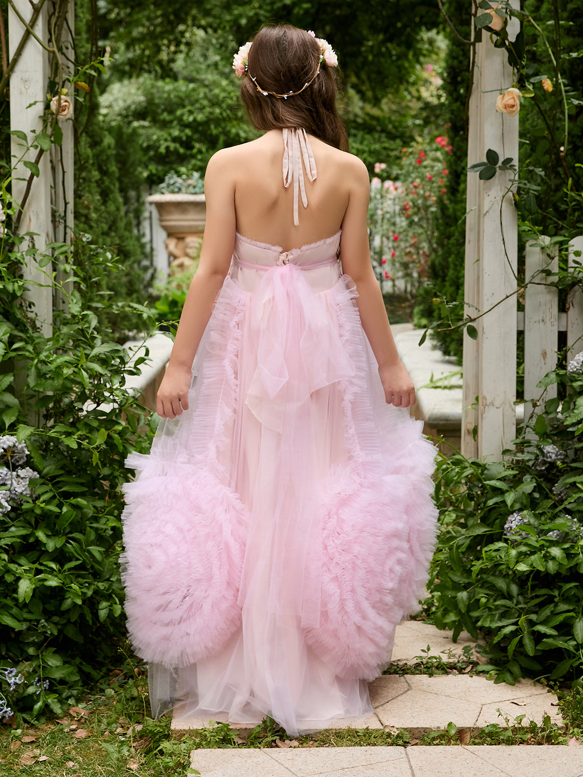 Vestido rosa de niña de las flores, corte en A, de gasa y largo hasta el suelo 