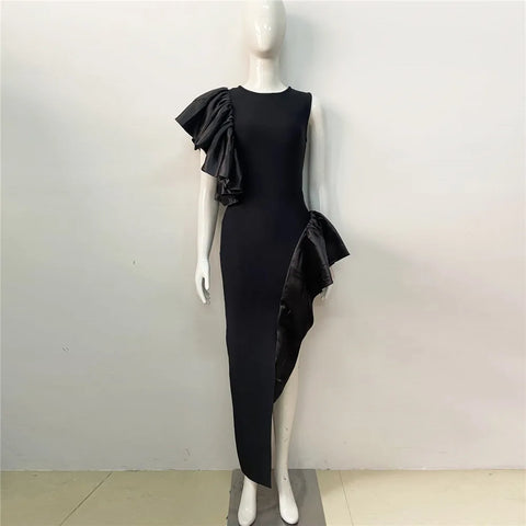 Vestido de noche ajustado con volantes y elástico, estilo vendaje