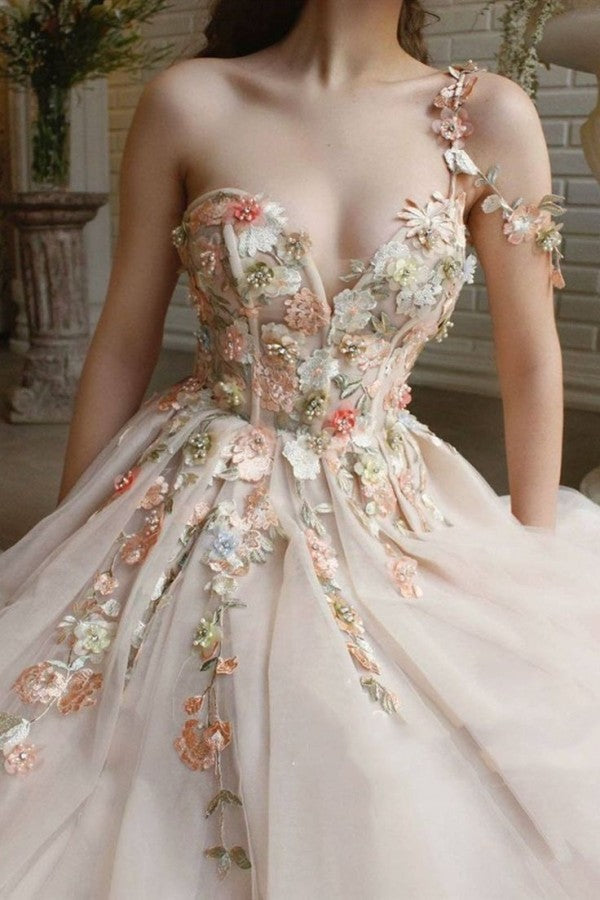 Vestido de fiesta con apliques de flores de hadas, tul color champán con abertura