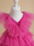 Vestido de princesa rosa estilo princesa, sin mangas, de tul y con volantes para niña de las flores 