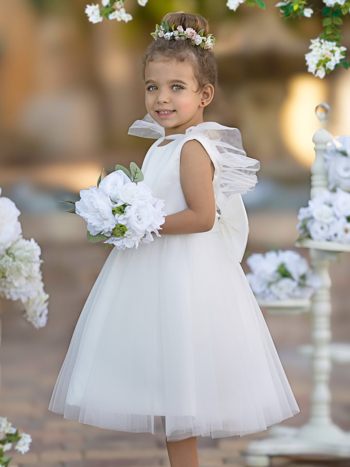 Vestido de niña de las flores de corte A, de satén y tul, hasta la rodilla 