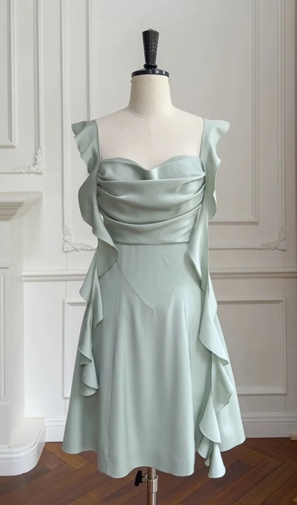 Vestido de fiesta de graduación corto de satén verde estilo línea A Y7574