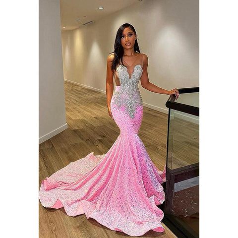 Vestido de noche formal con escote en V, sin mangas, con lentejuelas y cuentas, corte tubo/columna