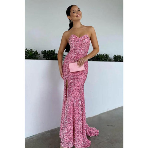 Robe de bal longue sexy à paillettes roses et col en V avec fente 
