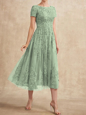 A-line Scoop Tea-Length Tulle Lace Mother of the Bride Dress