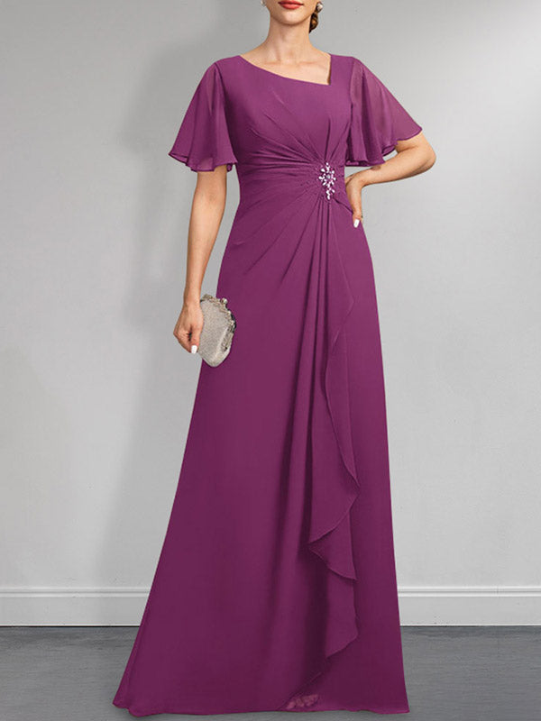 Vestido de corte A asimétrico hasta el suelo para la madre de la novia, de gasa, con lentejuelas y plisados.