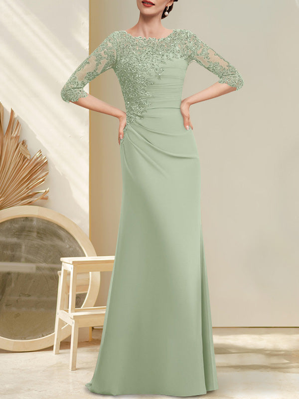 Vestido de corte A, escote redondo, largo hasta el suelo, de gasa, encaje, con cuentas, lentejuelas plisadas, para la madre de la novia.