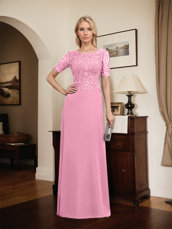 Vestido de novia de corte línea A, escote redondo, largo hasta el suelo, de encaje y gasa con lentejuelas.