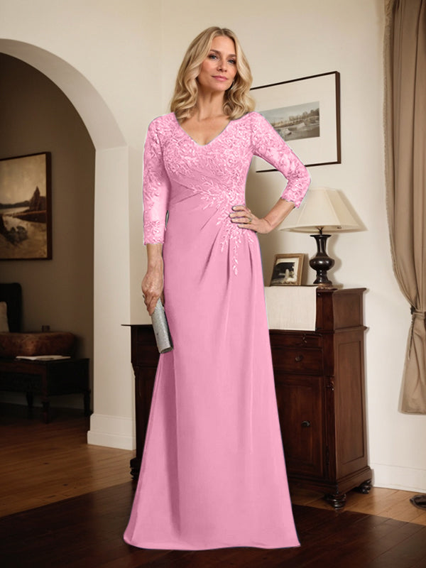 Robe de mère de la mariée fourreau/colonne en mousseline de dentelle, longue jusqu'au sol, avec décolleté en V illusion et sequins plissés 