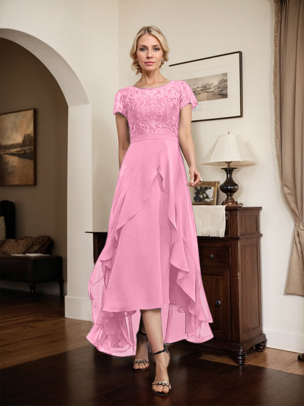 Robe de mère de la mariée asymétrique en mousseline de soie et dentelle, coupe trapèze, décolleté en V, effet illusion, nœud, volants et sequins 