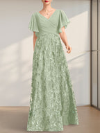 Vestido de novia de corte A, escote en V, largo hasta el suelo, de encaje, lentejuelas y gasa, con pliegues.