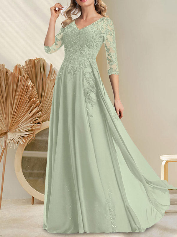 Vestido de novia de corte A, escote en V, largo hasta el suelo, de gasa de encaje con lentejuelas para la madre de la novia
