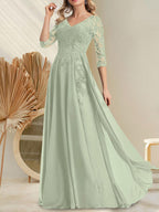 Vestido de novia de corte A, escote en V, largo hasta el suelo, de gasa de encaje con lentejuelas para la madre de la novia