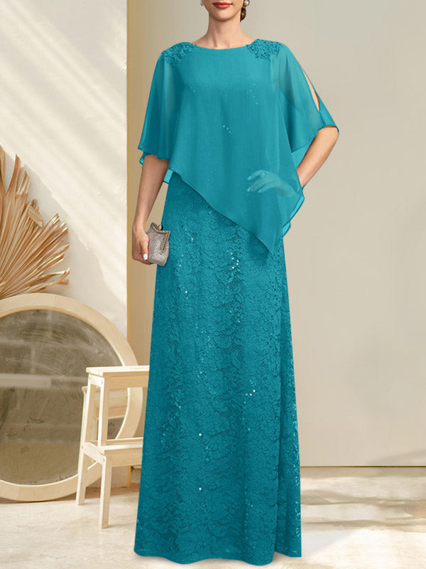Robe fourreau/colonne longue en mousseline de soie et dentelle, ornée de sequins et de perles, pour la mère de la mariée.