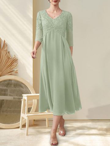 A-line V-Neck Tea-Length Chiffon Lace Mother of the Bride Dress With Beading