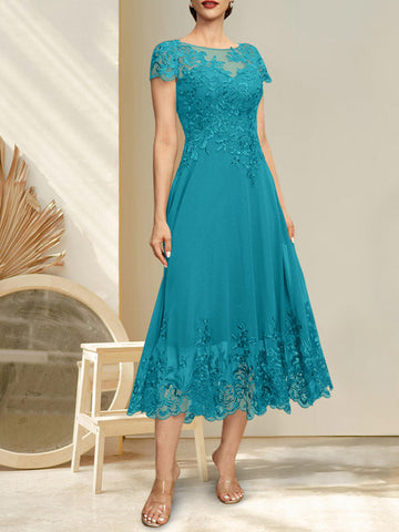 A-line Illusion Scoop Tea-Length Lace Chiffon Mother of the Bride Dress With Sequins