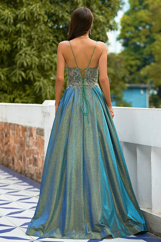 Grey Glitter Spaghetti Straps Long Prom Dress