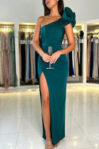 Robe de soirée vert foncé asymétrique à une épaule, longue et fendue, en solde