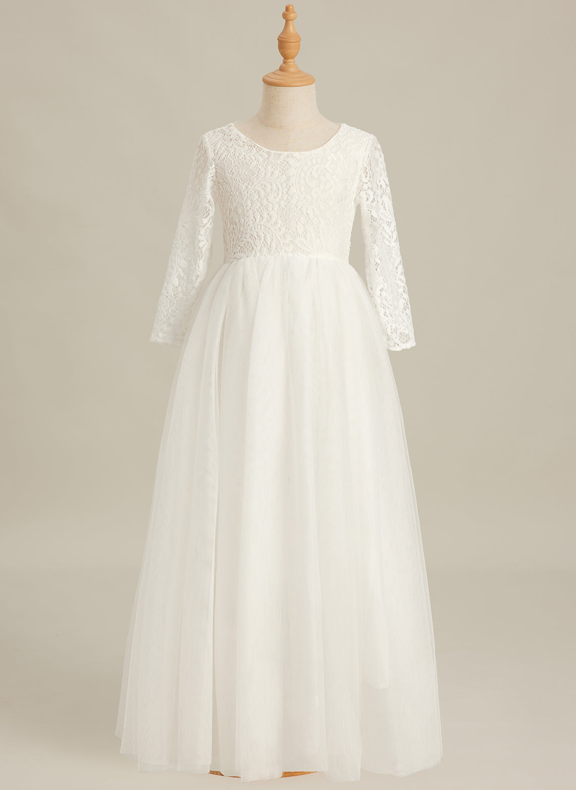 Vestido de niña de las flores de tul, manga larga, corte línea A, encaje blanco angelical 