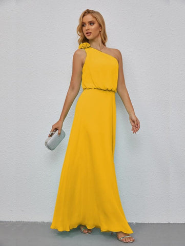 Vestido de dama de honor largo, sin mangas, con volantes y un hombro, corte A, vestido de noche formal con abertura lateral 28080 