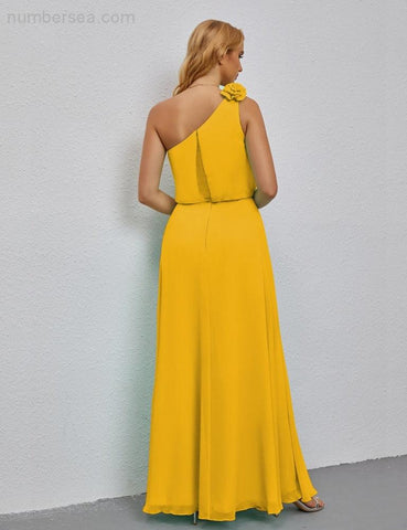 Vestido de dama de honor largo, sin mangas, con volantes y un hombro, corte A, vestido de noche formal con abertura lateral 28080 