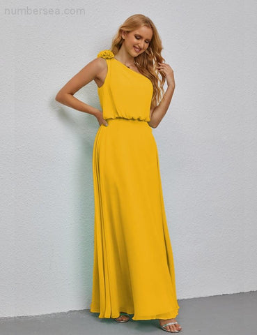 Vestido de dama de honor largo, sin mangas, con volantes y un hombro, corte A, vestido de noche formal con abertura lateral 28080 