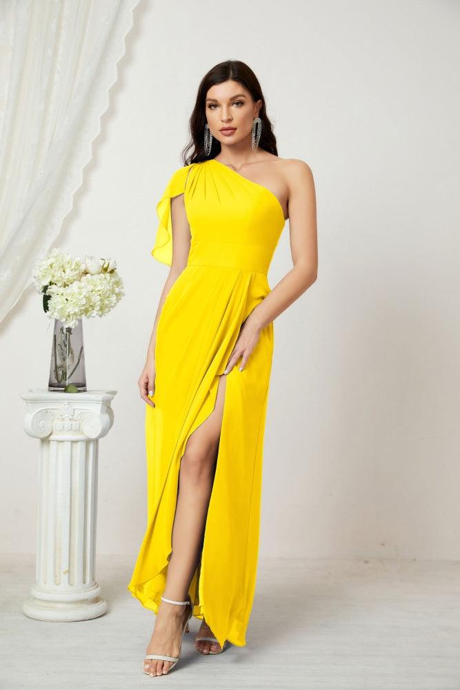 Baoleely  Chiffon Ruffled One Shoulder Long Bridesmaid Dresses A-line Formal Evening Gown Side Split 2809