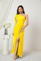 Baoleely  Chiffon Ruffled One Shoulder Long Bridesmaid Dresses A-line Formal Evening Gown Side Split 2809