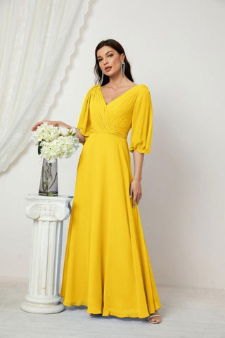 Baoleely  Formal Prom Gown Women V-Neck Chiffon Bridesmaid Dresses Long Bishop Sleeve Party Dress 2807