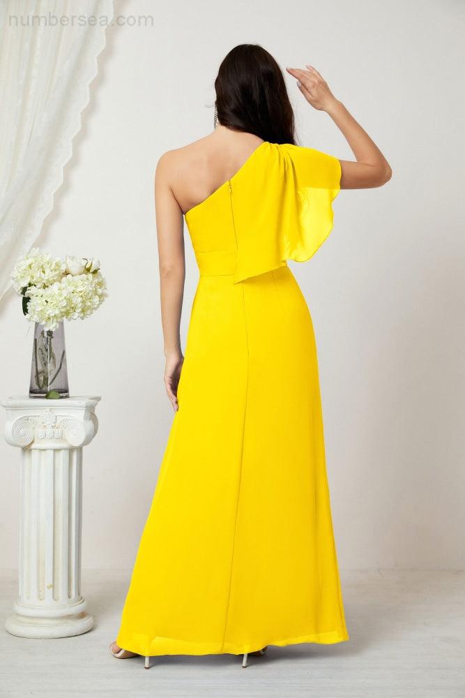 Baoleely  Chiffon Ruffled One Shoulder Long Bridesmaid Dresses A-line Formal Evening Gown Side Split 2809