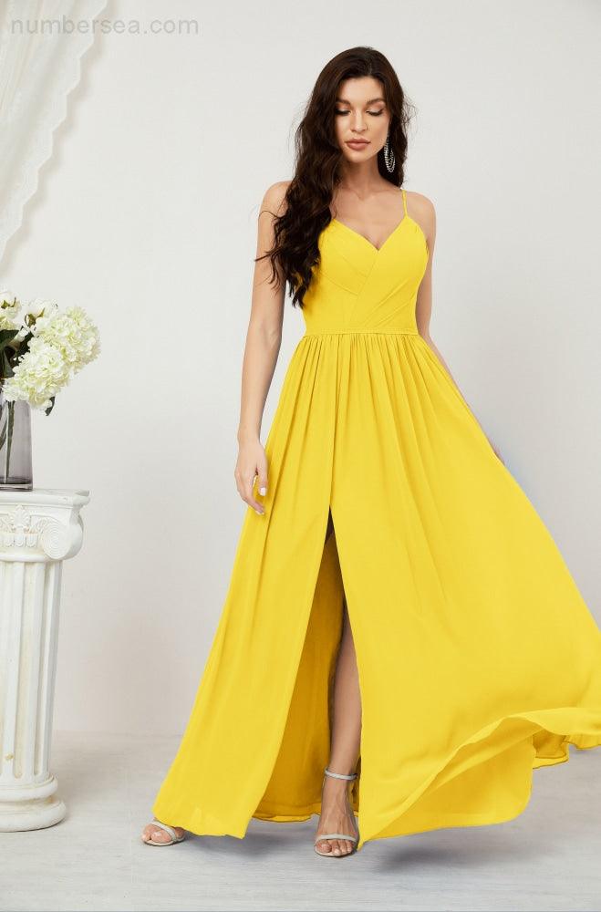 Robe de demoiselle d'honneur en mousseline de soie, longue, coupe trapèze, col en V, pour soirée de mariage, 2801 
