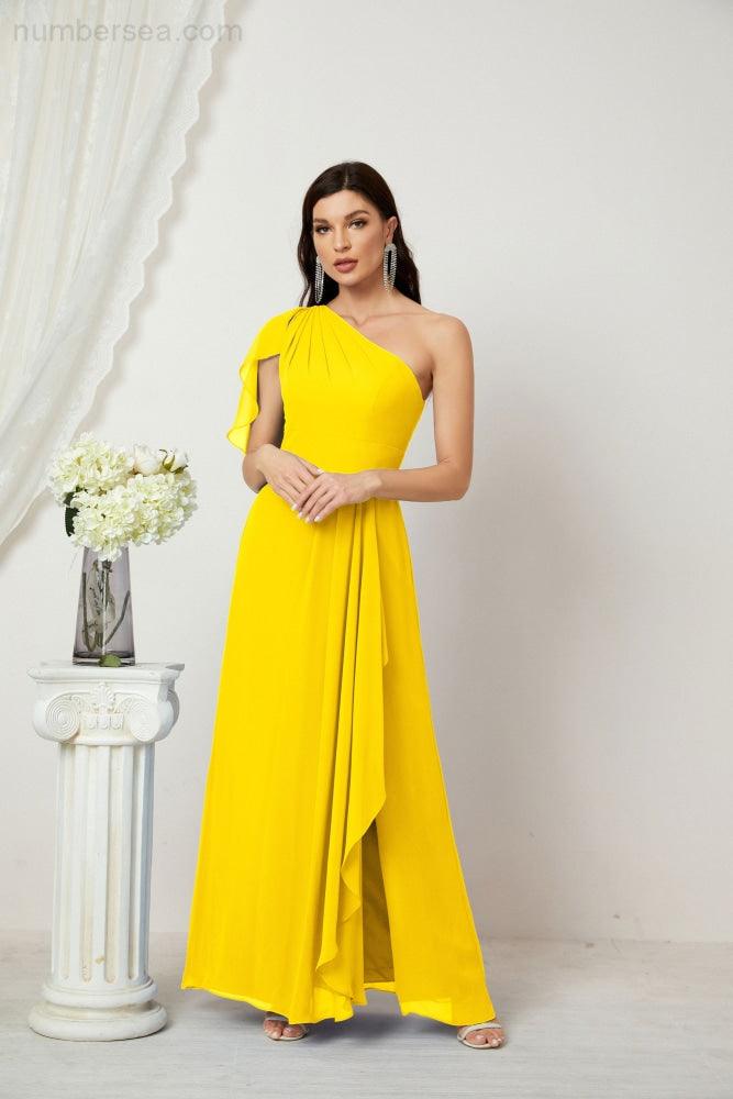 Baoleely  Chiffon Ruffled One Shoulder Long Bridesmaid Dresses A-line Formal Evening Gown Side Split 2809