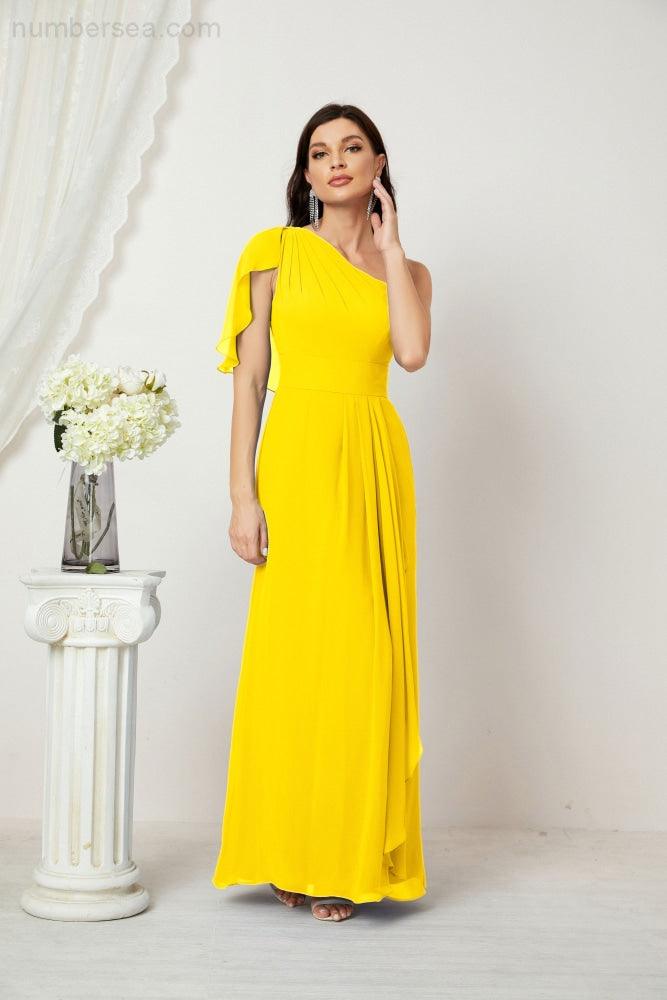 Baoleely  Chiffon Ruffled One Shoulder Long Bridesmaid Dresses A-line Formal Evening Gown Side Split 2809
