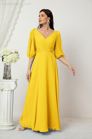 Baoleely  Formal Prom Gown Women V-Neck Chiffon Bridesmaid Dresses Long Bishop Sleeve Party Dress 2807