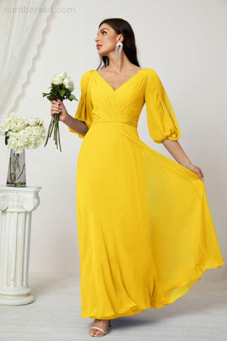 Baoleely  Formal Prom Gown Women V-Neck Chiffon Bridesmaid Dresses Long Bishop Sleeve Party Dress 2807
