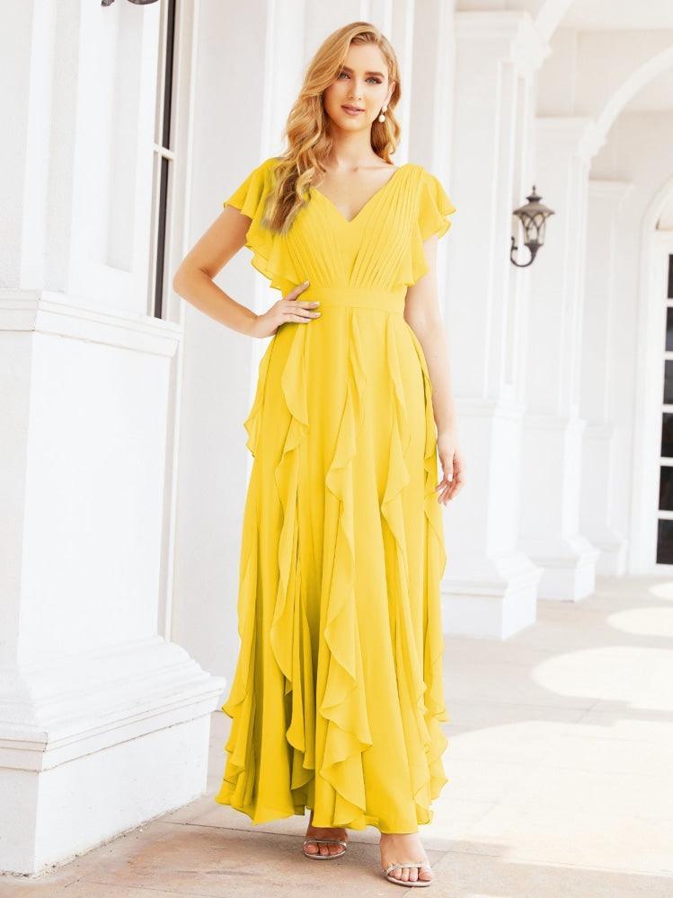 Ruffled Bridesmaid Dresses with Sleeves Long Formal Party Dress 28041